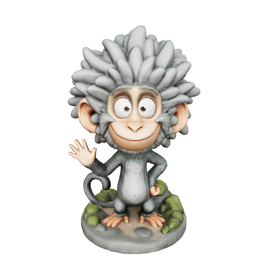 Kuno der Blütenfell-Affe – 3D-Memories KI-3D-Kunstfigur (Weiß/Bunt/Rahmen)