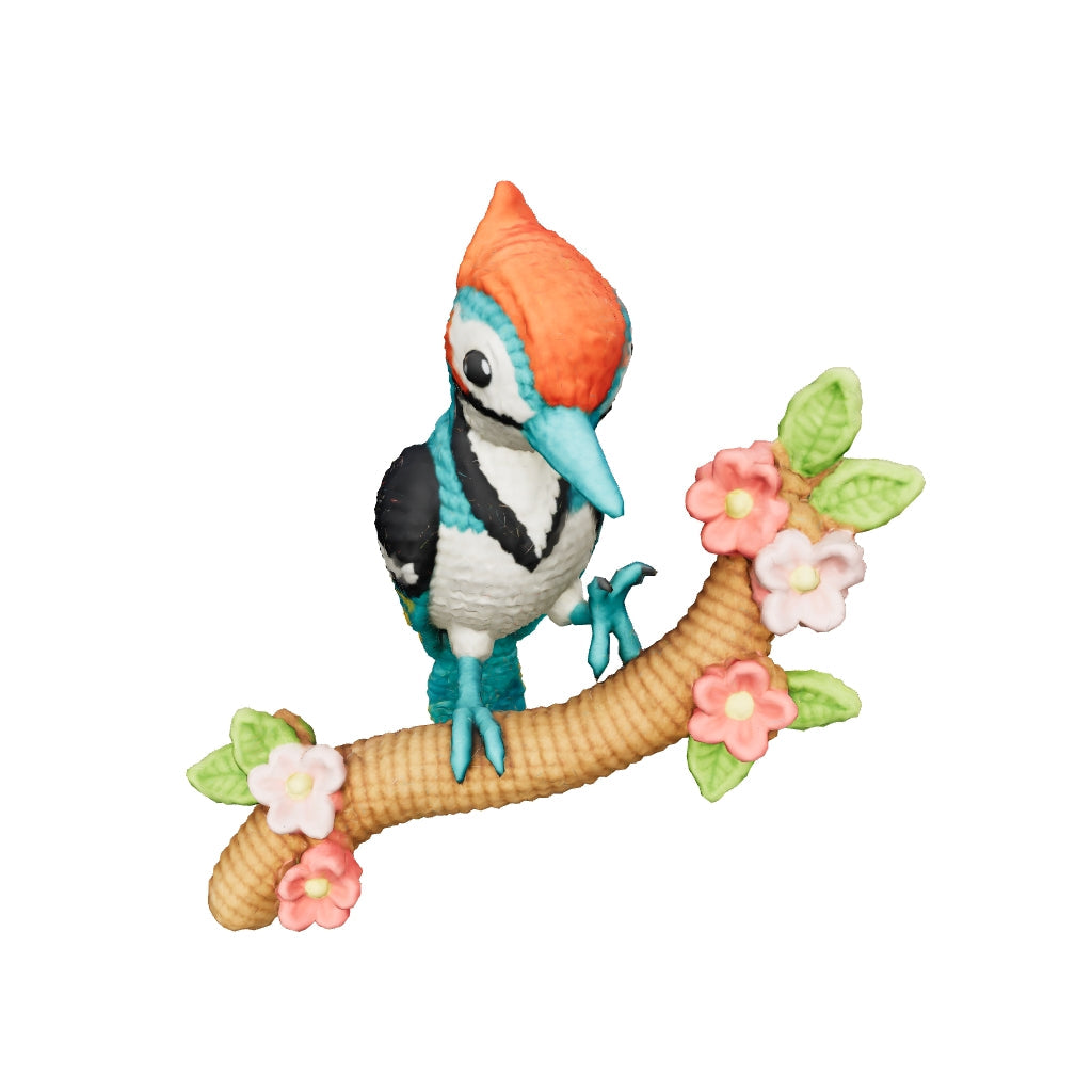 Pico der Blüten-Specht – 3D-Kunstfigur im Häkel-Look (aus deinem Bild mit 3D‑Memories)