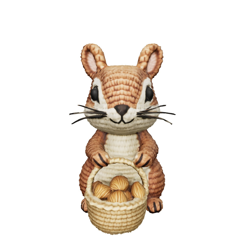 „Nussbert“ – Eichhörnchen mit Nusskorb | 3D-Memories KI-3D-Kunstobjekt (Weiß/Bunt/Bunt im Rahmen)
