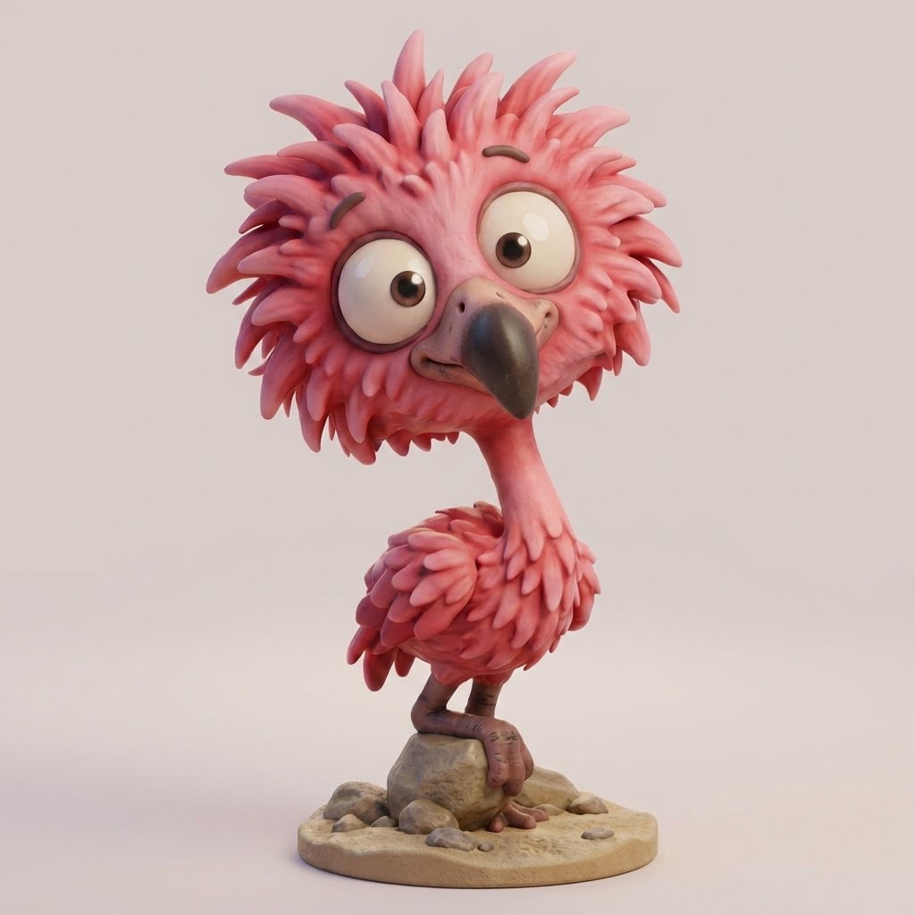 Pinkie der Einbein-Fluffvogel – 3D-Kunstfigur aus deiner Vorlage | 3D‑Memories