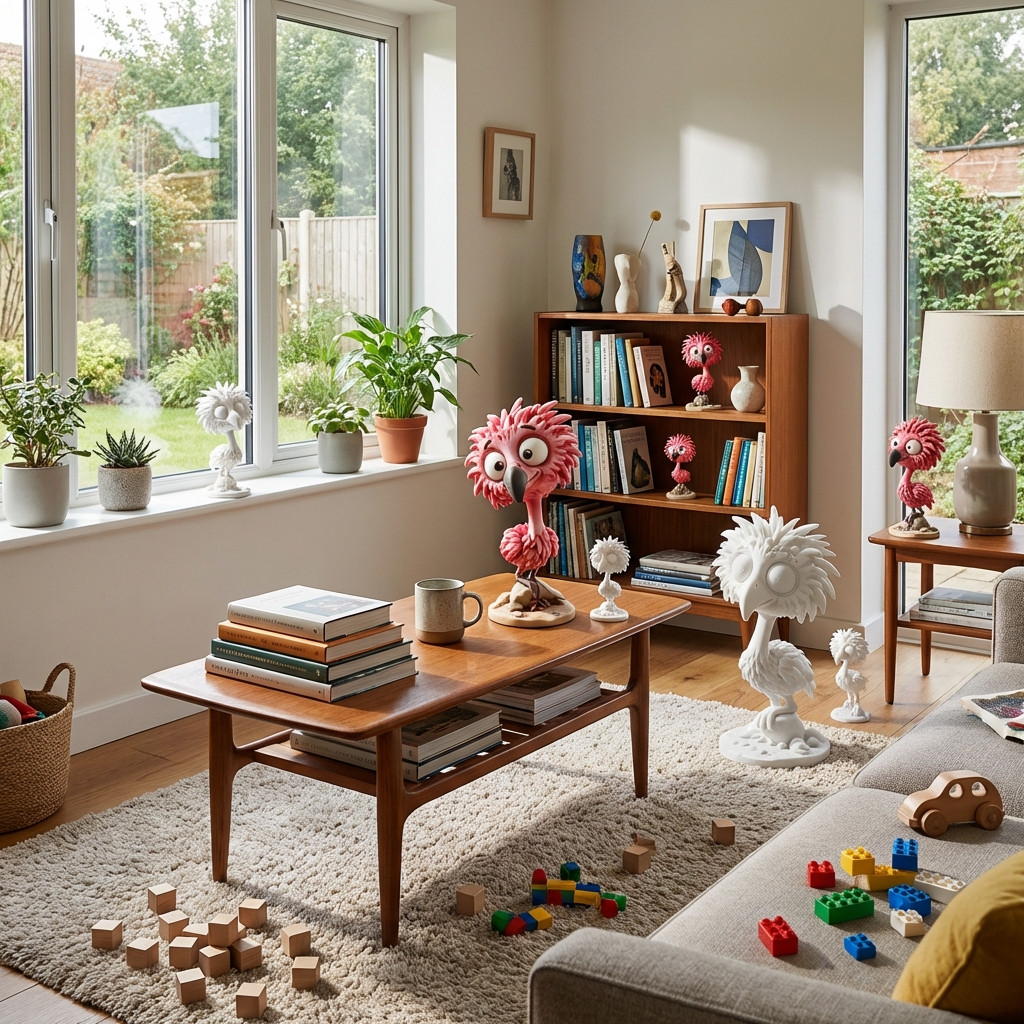 Pinkie der Einbein-Fluffvogel – 3D-Kunstfigur aus deiner Vorlage | 3D‑Memories