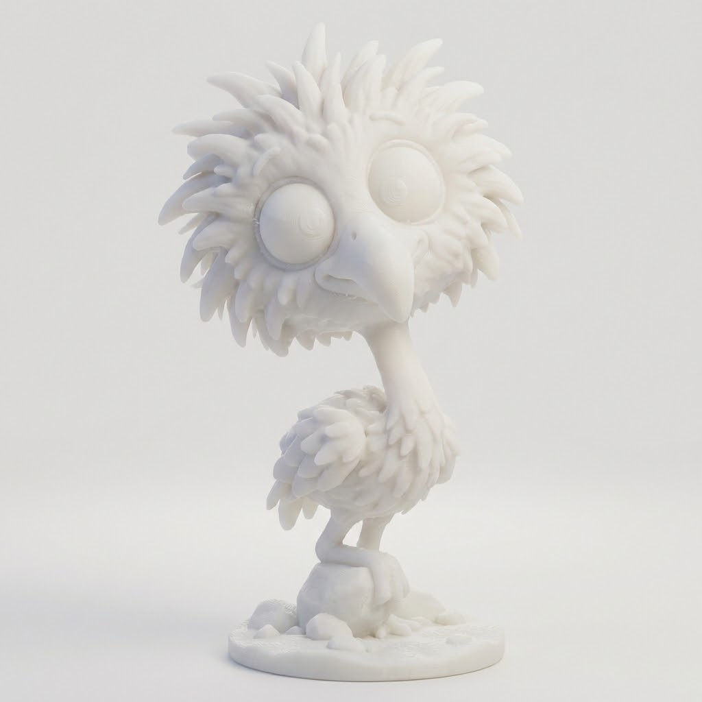 Pinkie der Einbein-Fluffvogel – 3D-Kunstfigur aus deiner Vorlage | 3D‑Memories