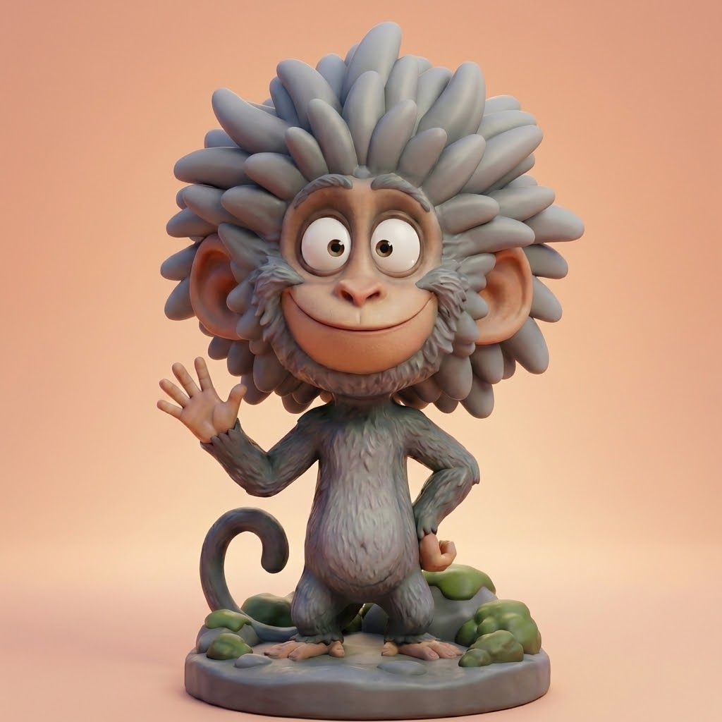 Kuno der Blütenfell-Affe – 3D-Memories KI-3D-Kunstfigur (Weiß/Bunt/Rahmen)