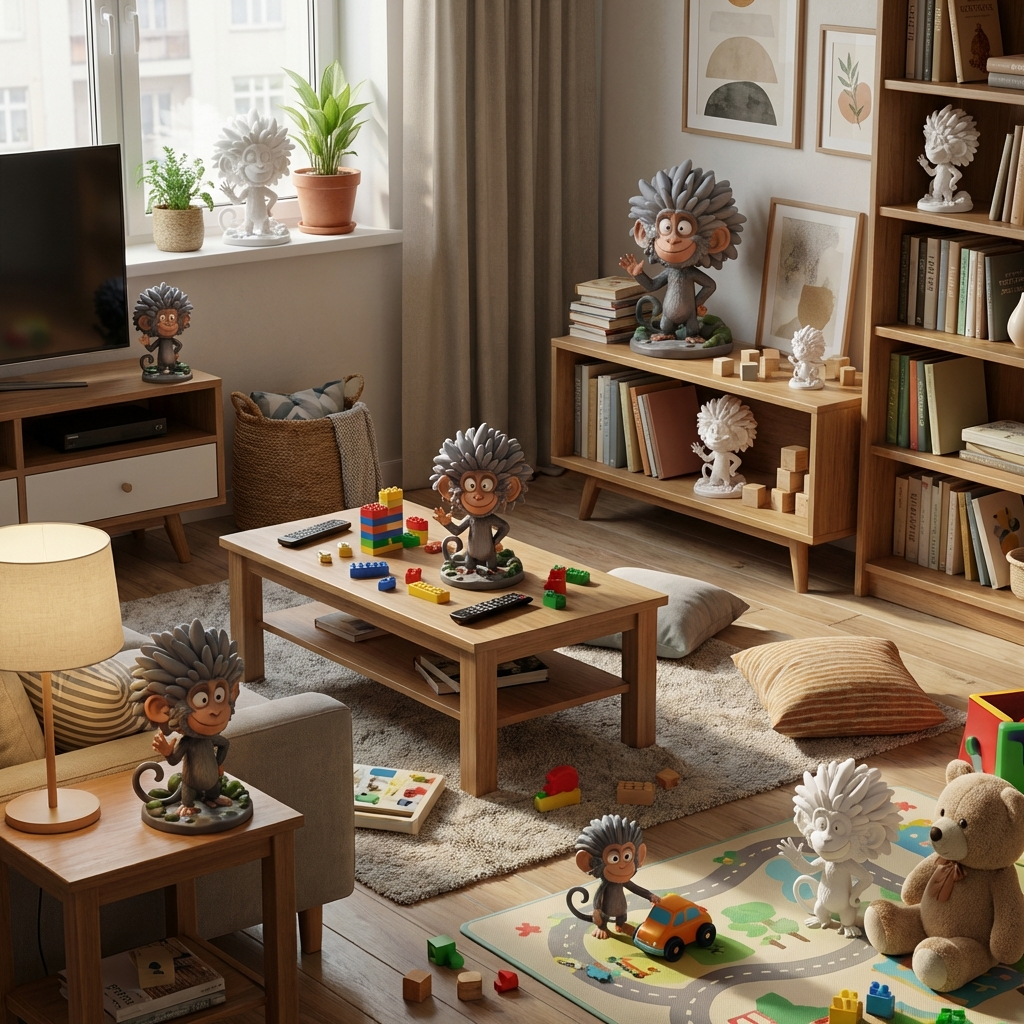 Kuno der Blütenfell-Affe – 3D-Memories KI-3D-Kunstfigur (Weiß/Bunt/Rahmen)