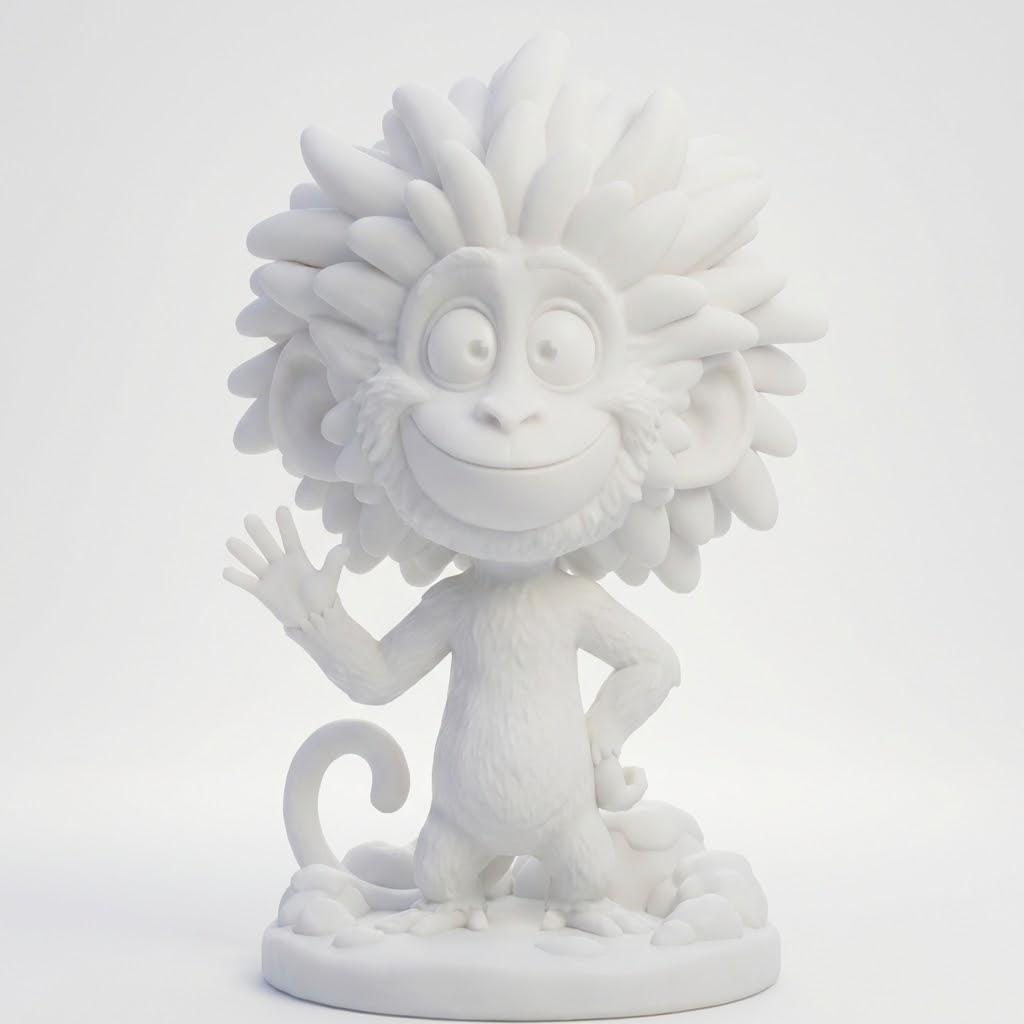 Kuno der Blütenfell-Affe – 3D-Memories KI-3D-Kunstfigur (Weiß/Bunt/Rahmen)