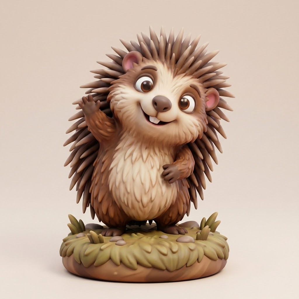 Hugo der winkende Igel – 3D-Kunstobjekt (Weiß/Bunt/Rahmen) | 3D‑Memories