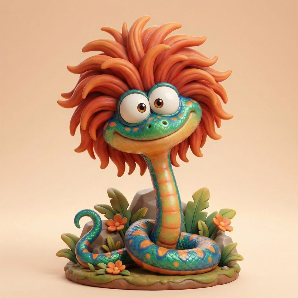 Milo Mähnen-Schlange – farbenfrohe 3D-Kunstfigur aus deiner Zeichnung | 3D‑Memories