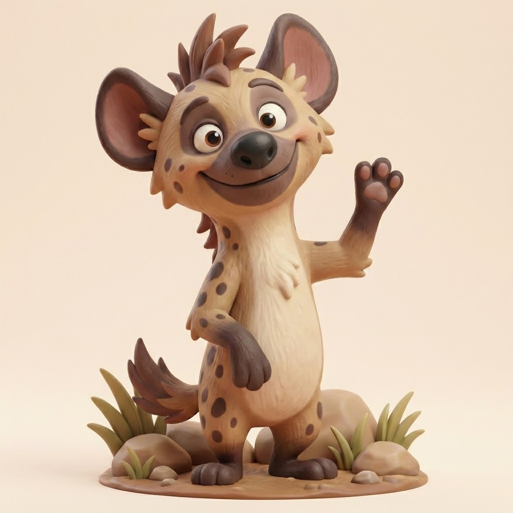 Kito die fröhliche Hyäne – 3D-Kunstfigur von 3D‑Memories (Weiß/Bunt/Rahmen)