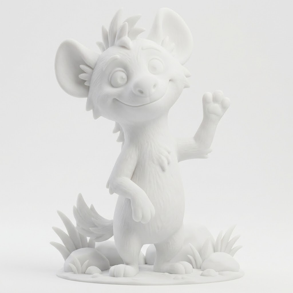 Kito die fröhliche Hyäne – 3D-Kunstfigur von 3D‑Memories (Weiß/Bunt/Rahmen)