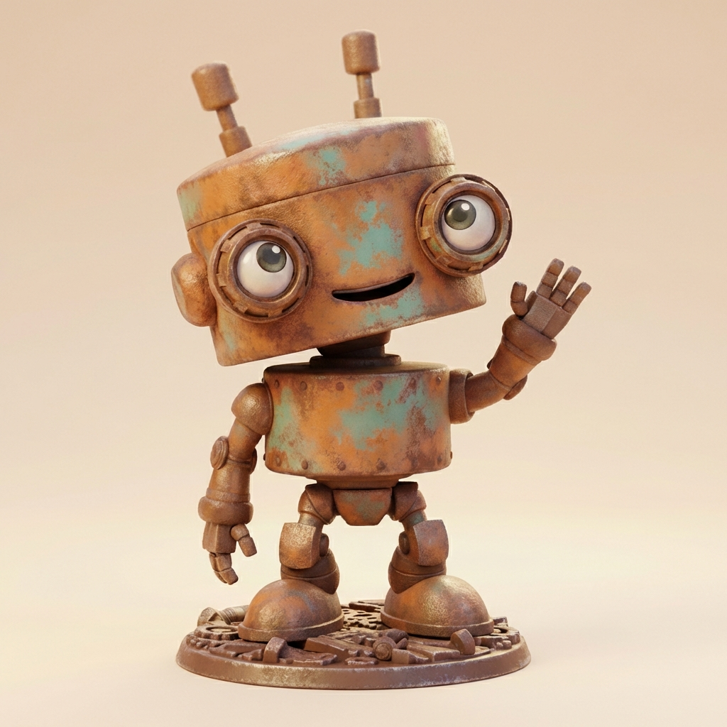 Rostiger Mini-Roboter „RUDI“ – 3D-Kunstobjekt aus deiner Zeichnung (3D‑Memories)