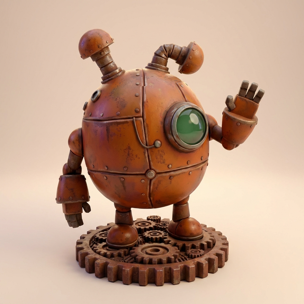 „Rosty, der neugierige Zahnrad‑Roboter“ – 3D‑Kunstobjekt aus deiner Zeichnung | 3D‑Memories