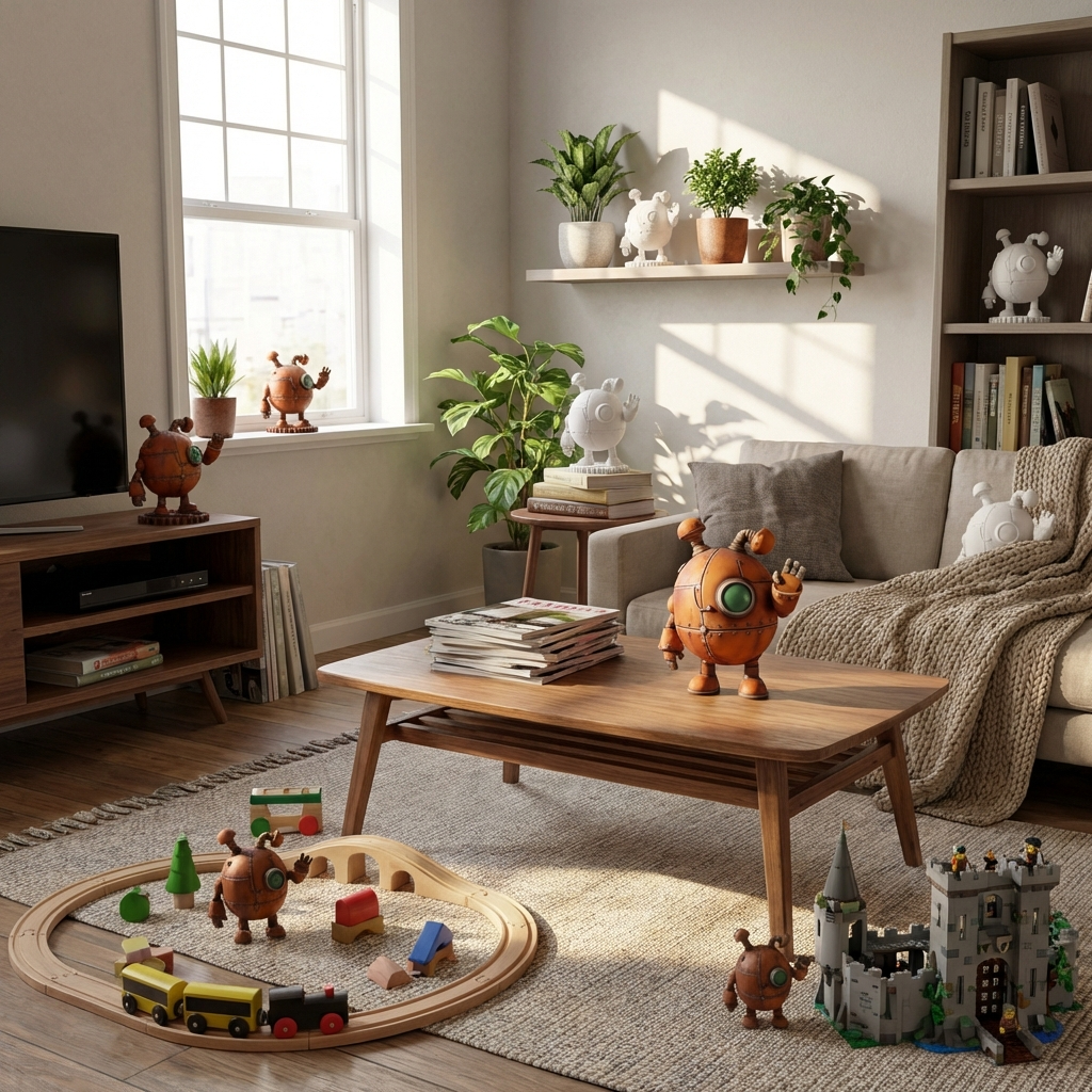 „Rosty, der neugierige Zahnrad‑Roboter“ – 3D‑Kunstobjekt aus deiner Zeichnung | 3D‑Memories