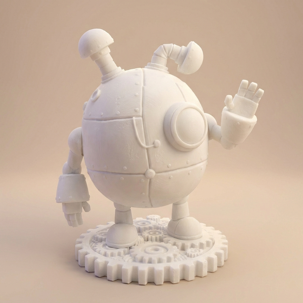 „Rosty, der neugierige Zahnrad‑Roboter“ – 3D‑Kunstobjekt aus deiner Zeichnung | 3D‑Memories