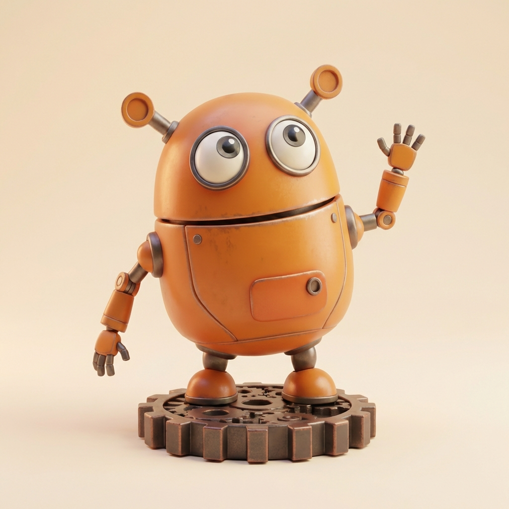 „Gizmo“, der freundliche Zahnrad‑Roboter – 3D‑Kunstobjekt aus deinem Bild (3D‑Memories)