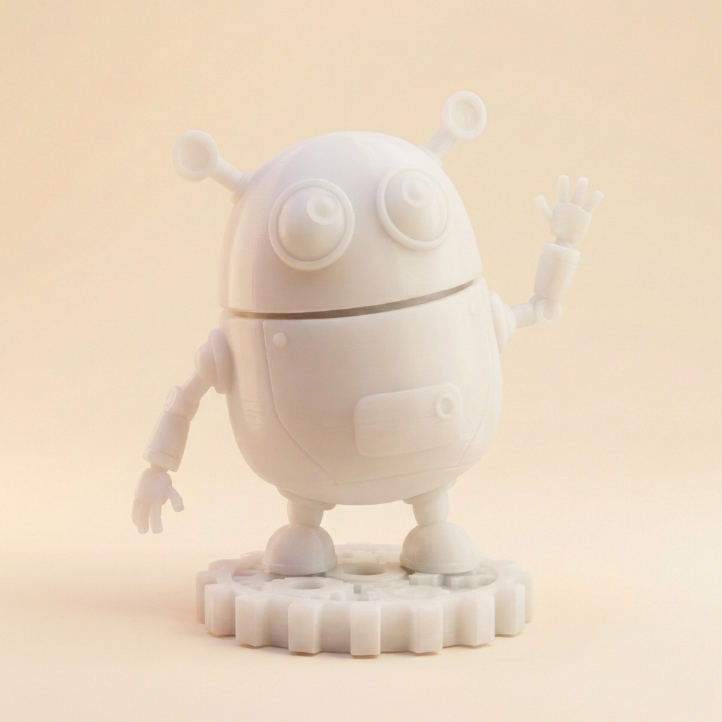 „Gizmo“, der freundliche Zahnrad‑Roboter – 3D‑Kunstobjekt aus deinem Bild (3D‑Memories)