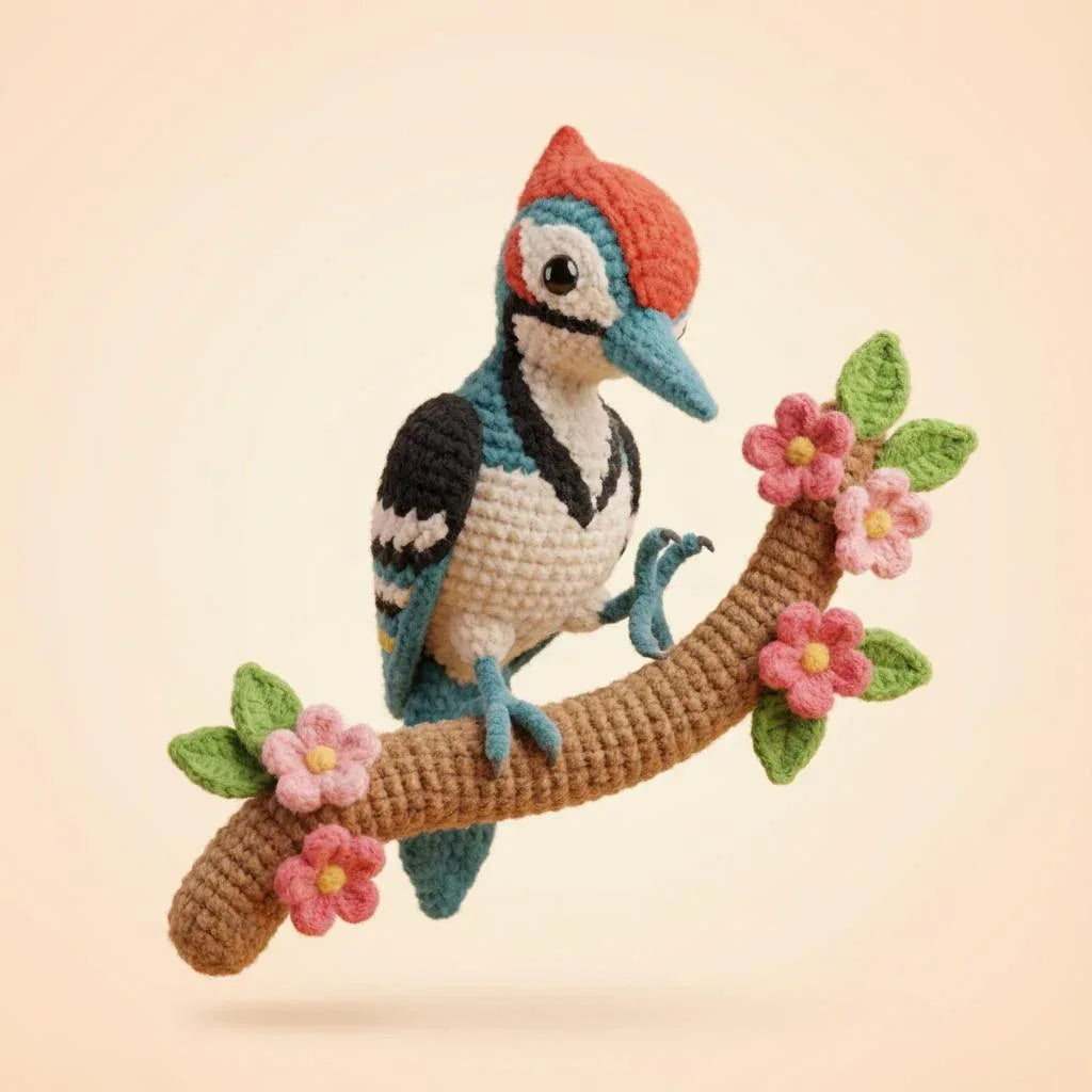 Pico der Blüten-Specht – 3D-Kunstfigur im Häkel-Look (aus deinem Bild mit 3D‑Memories) - 3D Memories