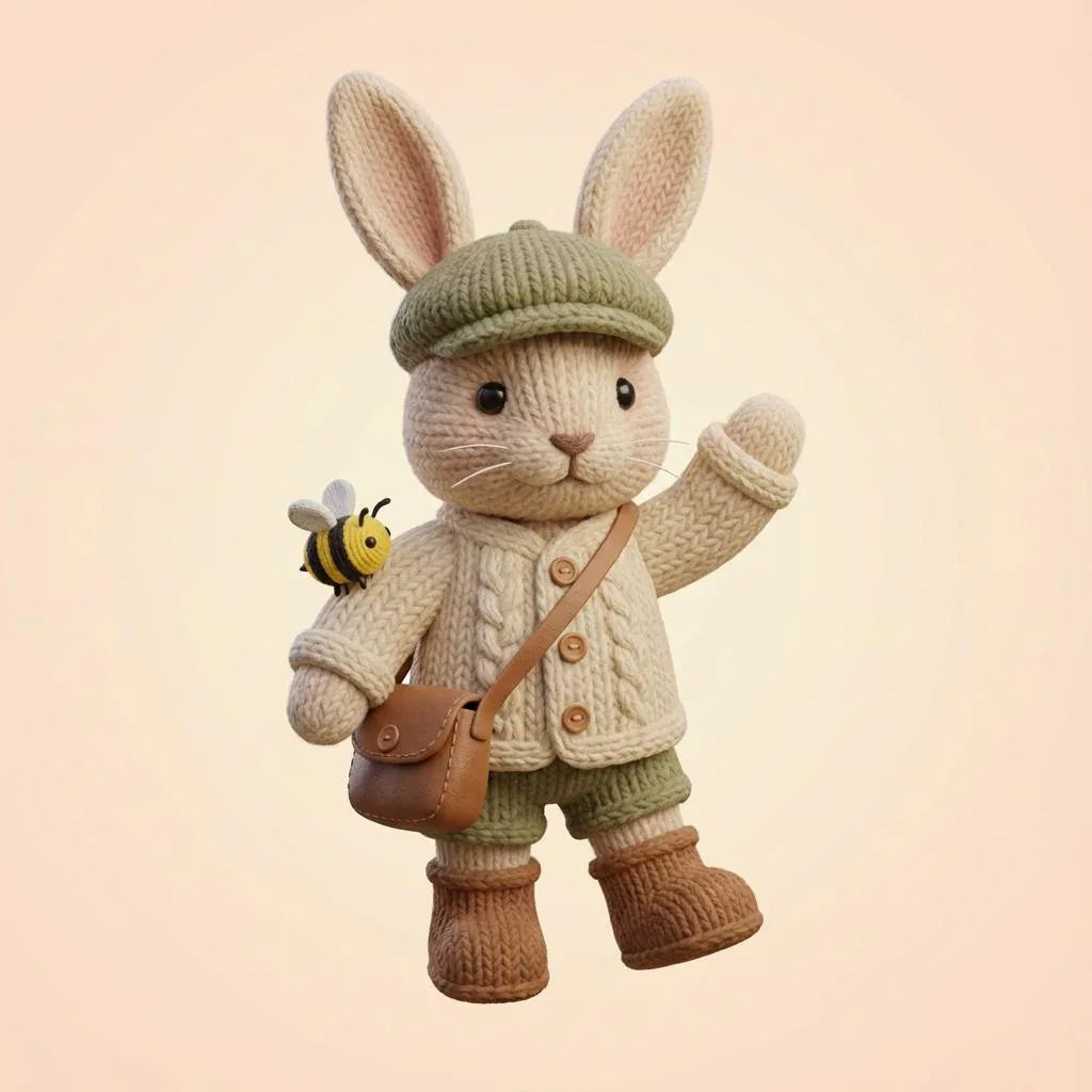 Hugo Hops – gestrickter Hasen-Abenteurer als 3D‑Kunstobjekt (3D‑Memories) - 3D Memories