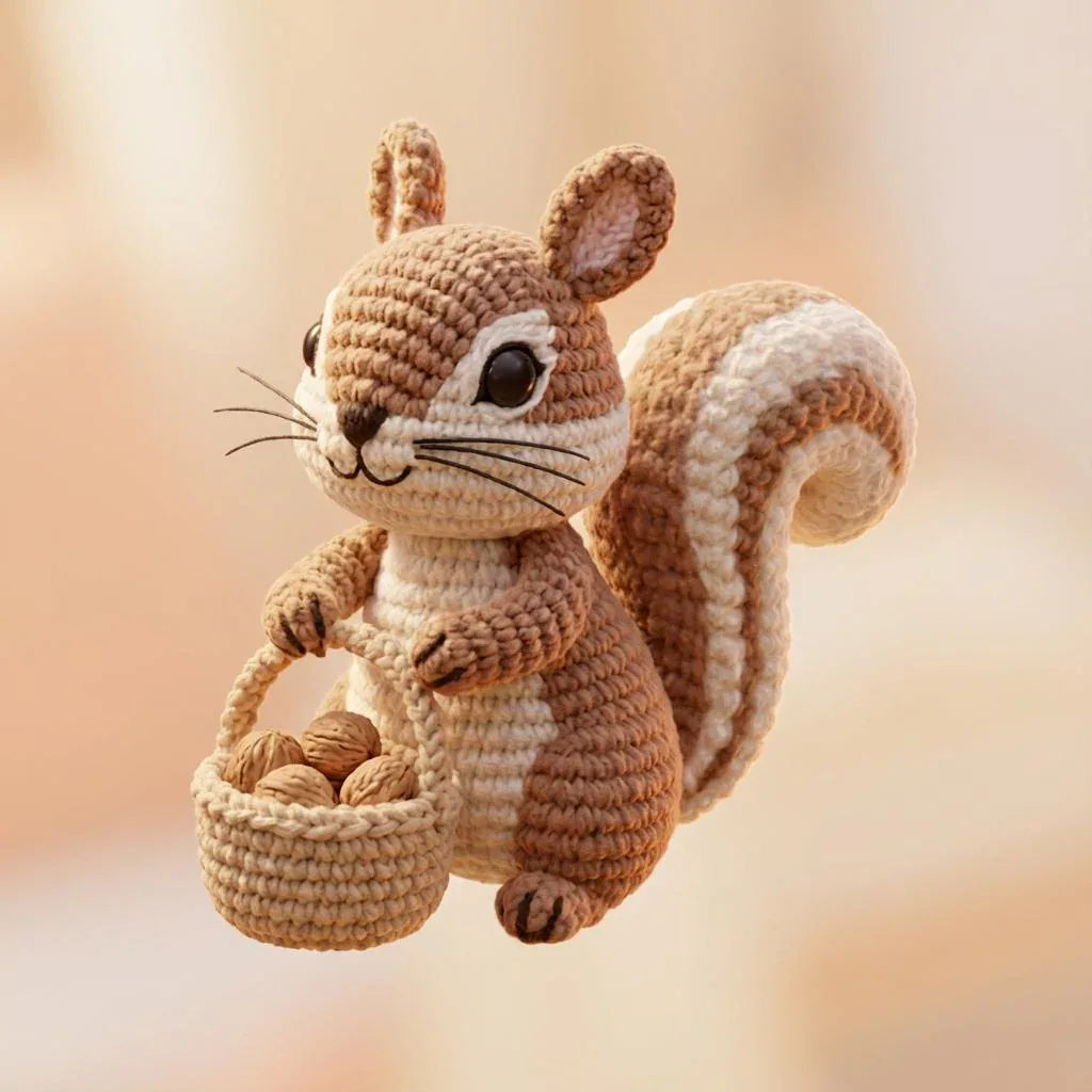 „Nussbert“ – Eichhörnchen mit Nusskorb | 3D-Memories KI-3D-Kunstobjekt (Weiß/Bunt/Bunt im Rahmen) - 3D Memories