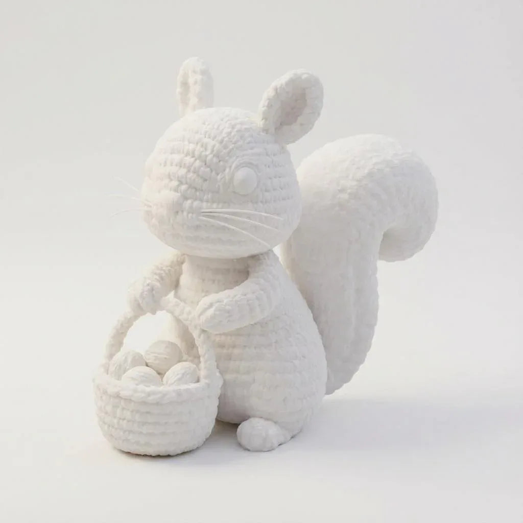 „Nussbert“ – Eichhörnchen mit Nusskorb | 3D-Memories KI-3D-Kunstobjekt (Weiß/Bunt/Bunt im Rahmen) - 3D Memories